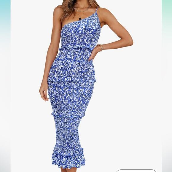 Prettygarden Floral Ruched One Shoulder Tiered Ruffle Bodycon Dress Women's LO - Picture 1 of 16